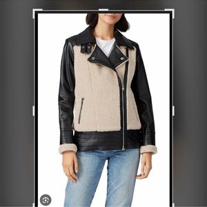 Slate and Willow Two-Tone Faux Shearling Moto Jacket - Black & Beige